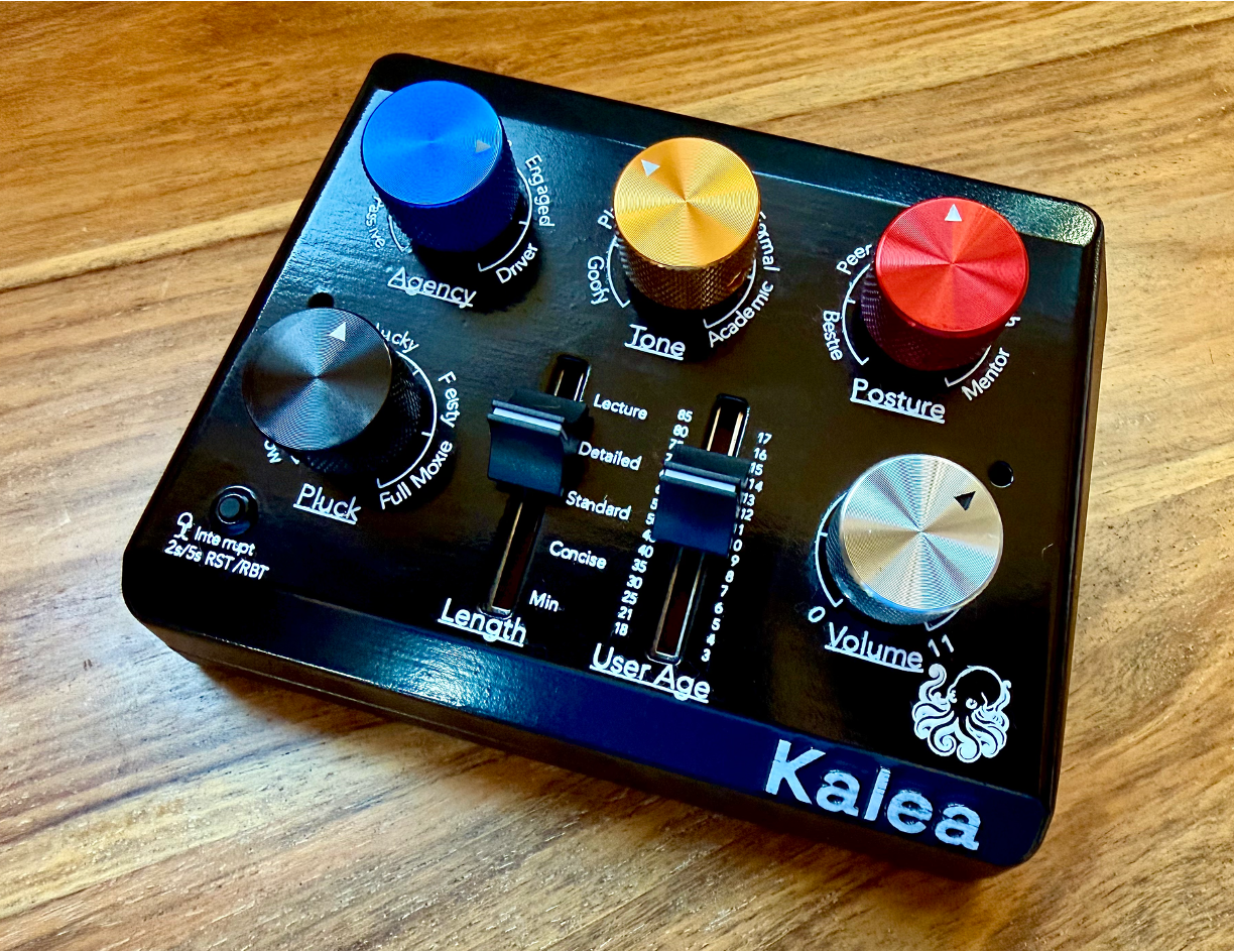 The Kalea device — a small tabletop unit with physical knobs you turn and a voice you talk to
