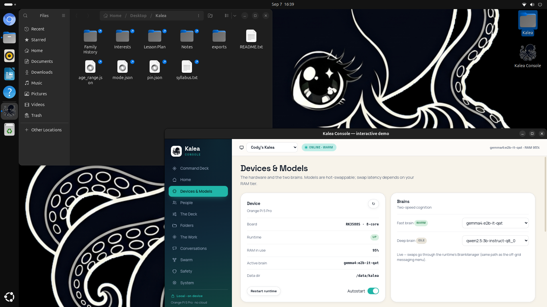The Kalea desktop: Ubuntu with the Kalea folder open in Files — Family History, Interests, Lesson Plan, Notes, exports — the Kalea Console running, and her octopus wallpaper behind